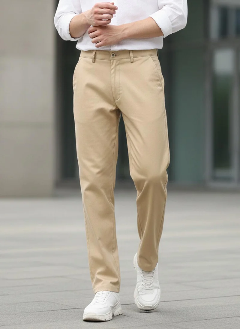 Urbano Fashion Men's Beige Cotton Slim Fit Casual Chinos Trousers Stretch
